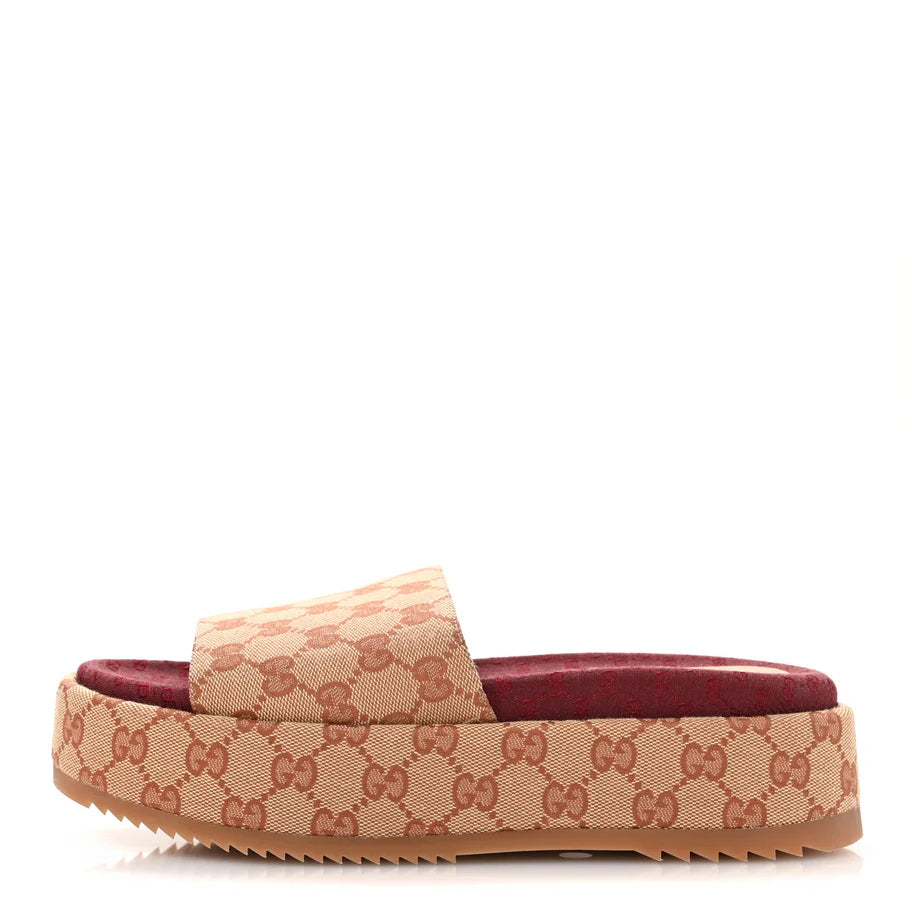 Gucci Canvas GG Monogram Angelina Platform Slide Sandals Beige Ruggine