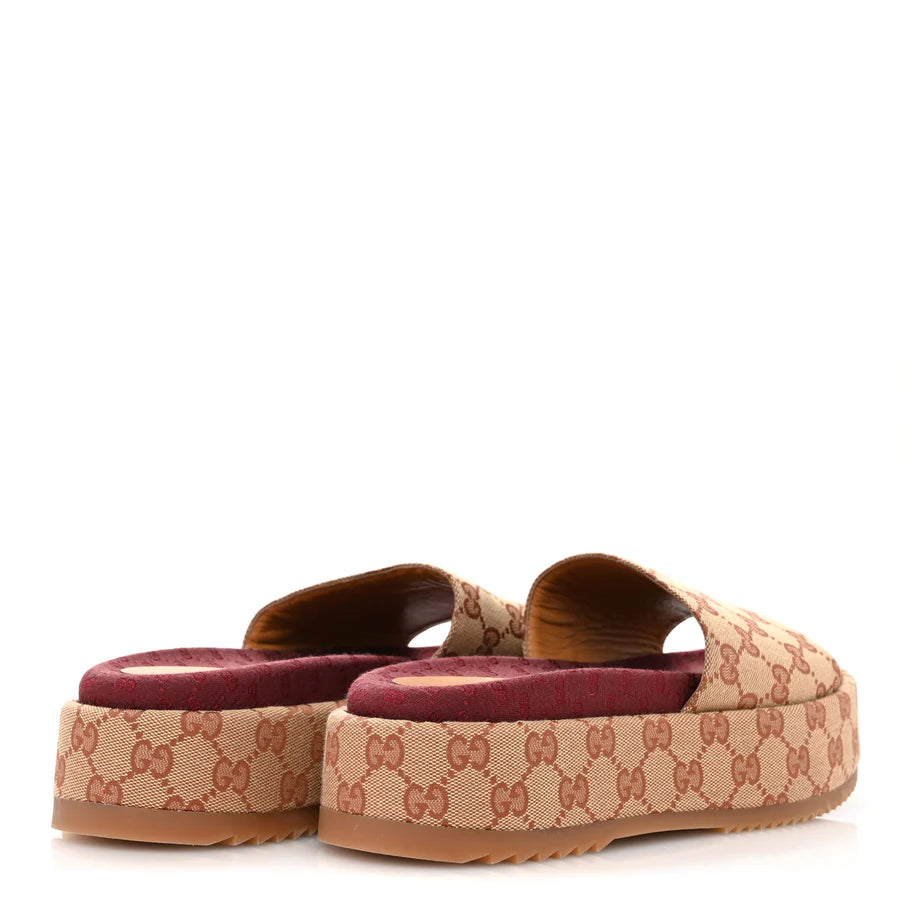 Gucci Canvas GG Monogram Angelina Platform Slide Sandals Beige Ruggine