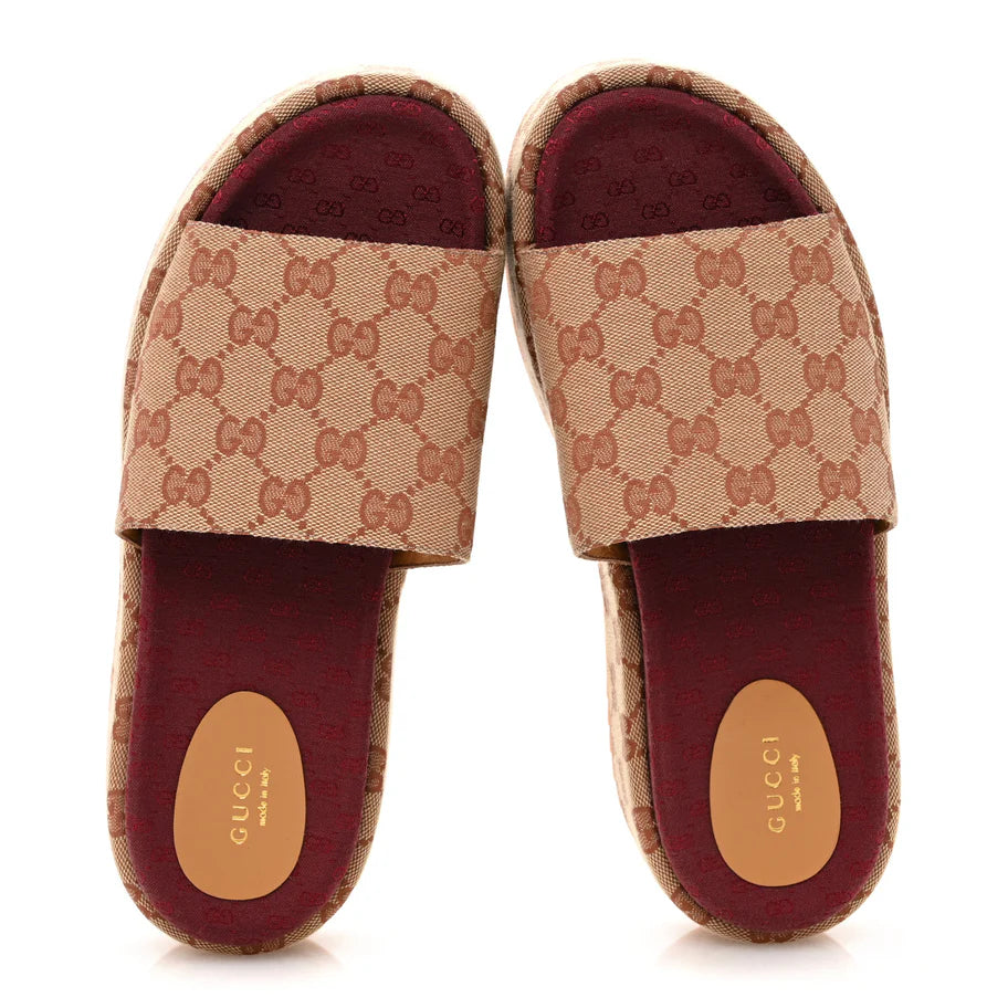 Gucci Canvas GG Monogram Angelina Platform Slide Sandals Beige Ruggine