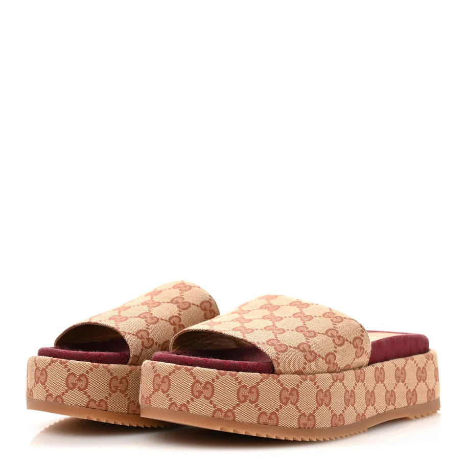 Gucci Canvas GG Monogram Angelina Platform Slide Sandals Beige Ruggine