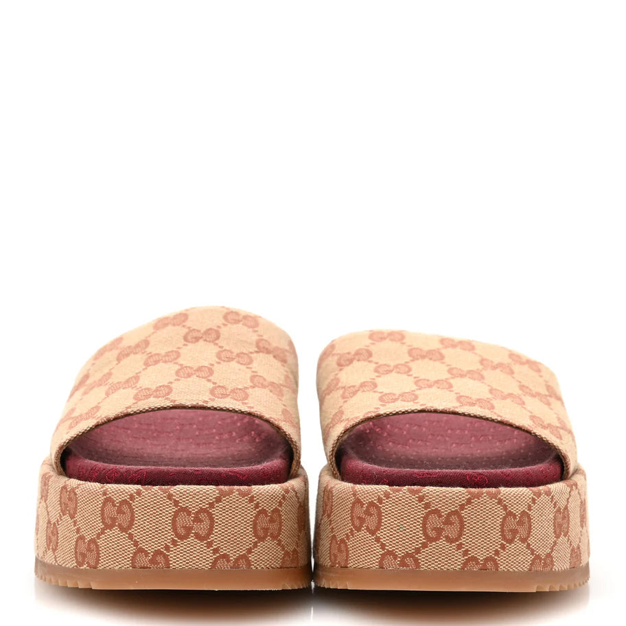 Gucci Canvas GG Monogram Angelina Platform Slide Sandals Beige Ruggine