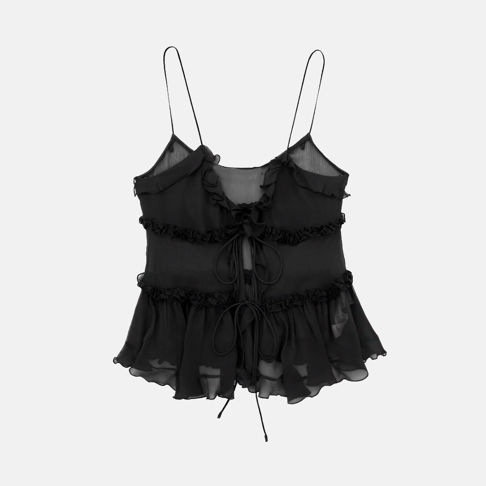 Blusa Anne com alças finas, babados e amarração frontal. Ideal para o verão. Nas cores rosa e preto, do PP ao G.

