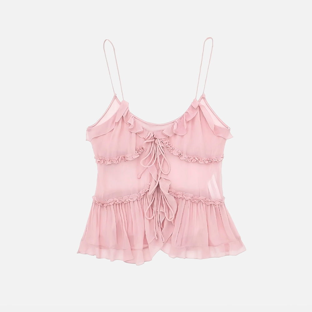 Blusa Anne com alças finas, babados e amarração frontal. Ideal para o verão. Nas cores rosa e preto, do PP ao G.

