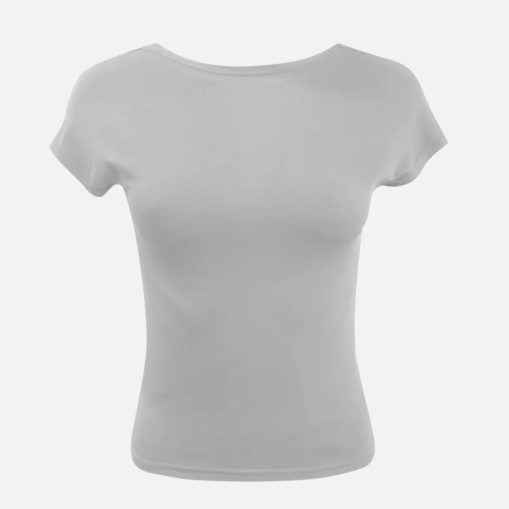 Blusa Lyandra cropped com costas nuas, mangas e caimento justo. Confortável e estilosa, disponível em cinza e branco, do PP ao G.

