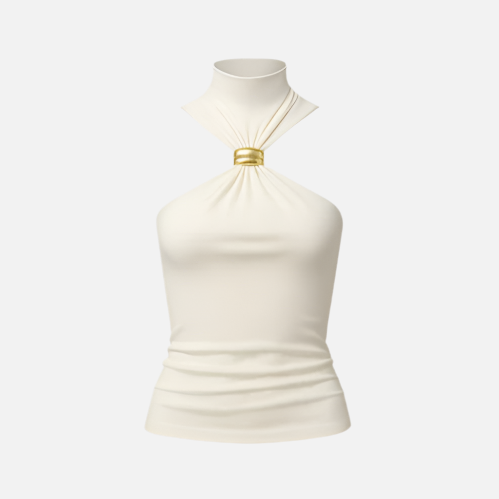 Blusa Greta com gola alta, design assimétrico e detalhe dourado. Ajustada ao corpo, disponível em preto e branco, do P ao GG.

