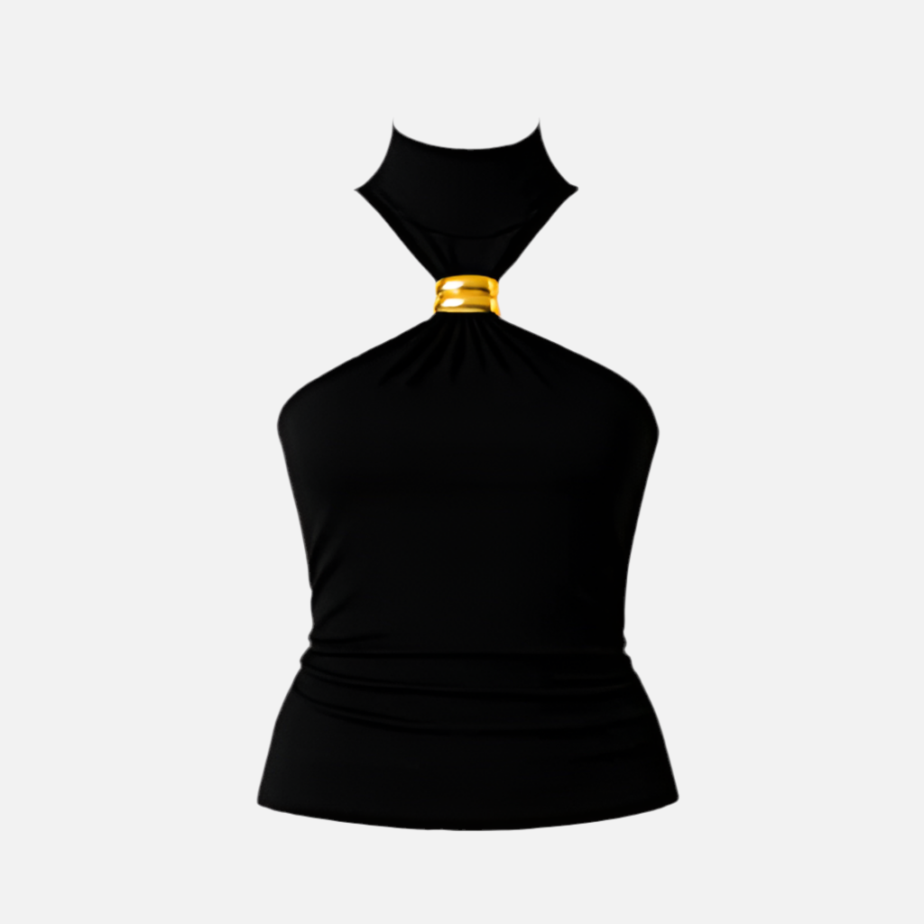 Blusa Greta com gola alta, design assimétrico e detalhe dourado. Ajustada ao corpo, disponível em preto e branco, do P ao GG.

