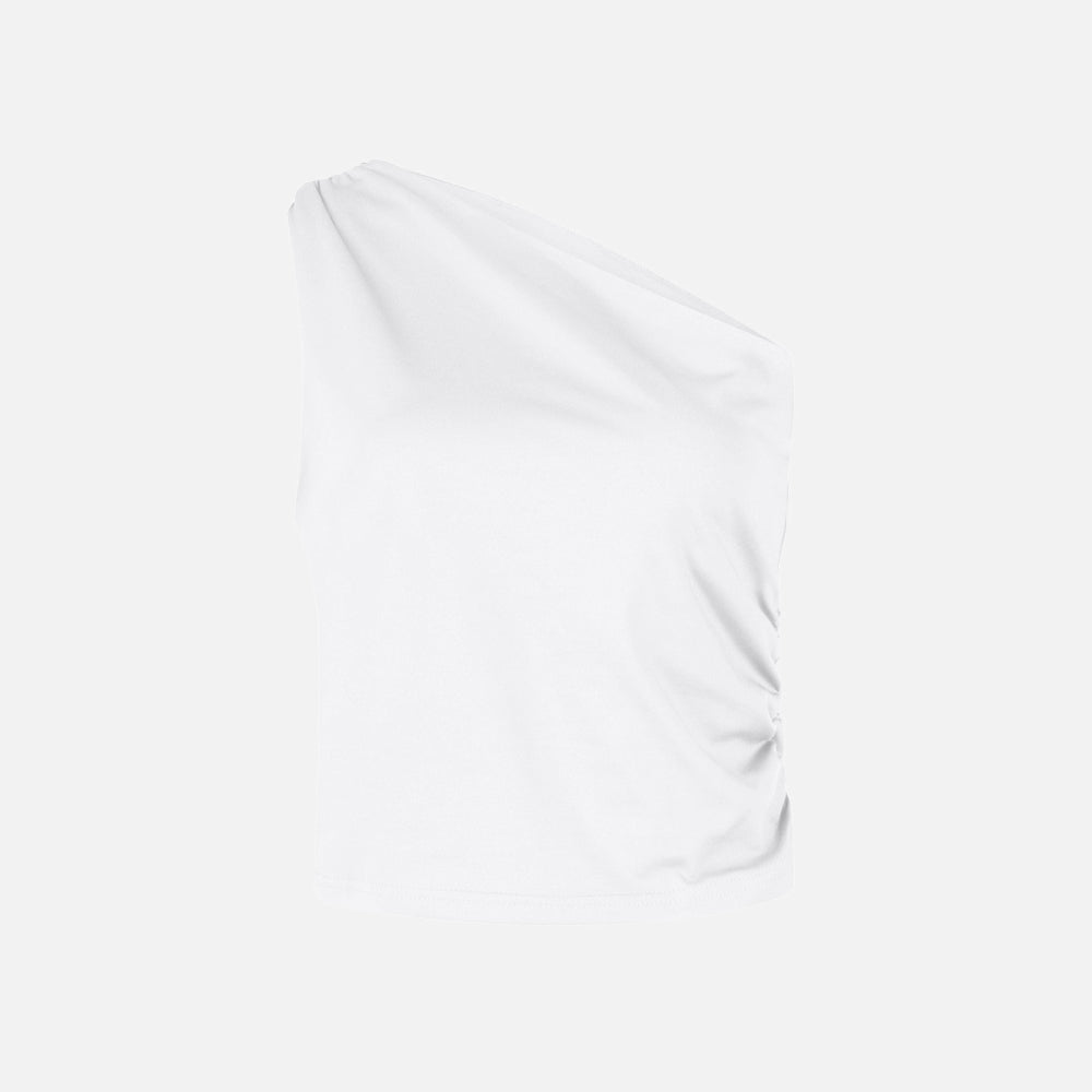 Blusa Ashe com recorte ajustado e decote ombro único. Sofisticação em cinco cores, do P ao G.

