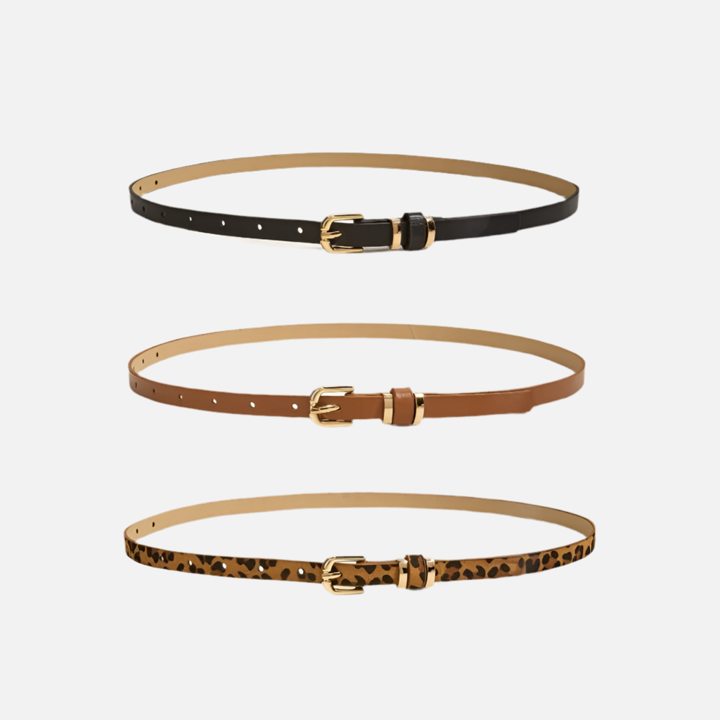 Kit de cintos femininos Classic com 3 peças: preto, oncinha e marrom, todos com fecho dourado. Versáteis, elegantes e ideais para diferentes estilos.
