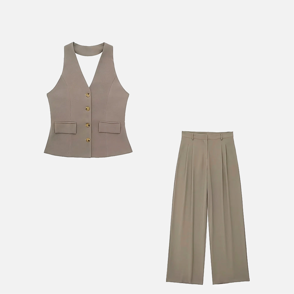 Conjunto Annelise com colete em "V" e calça reta. Alfaiataria elegante nas cores bege, preto e branco, do PP ao G.

