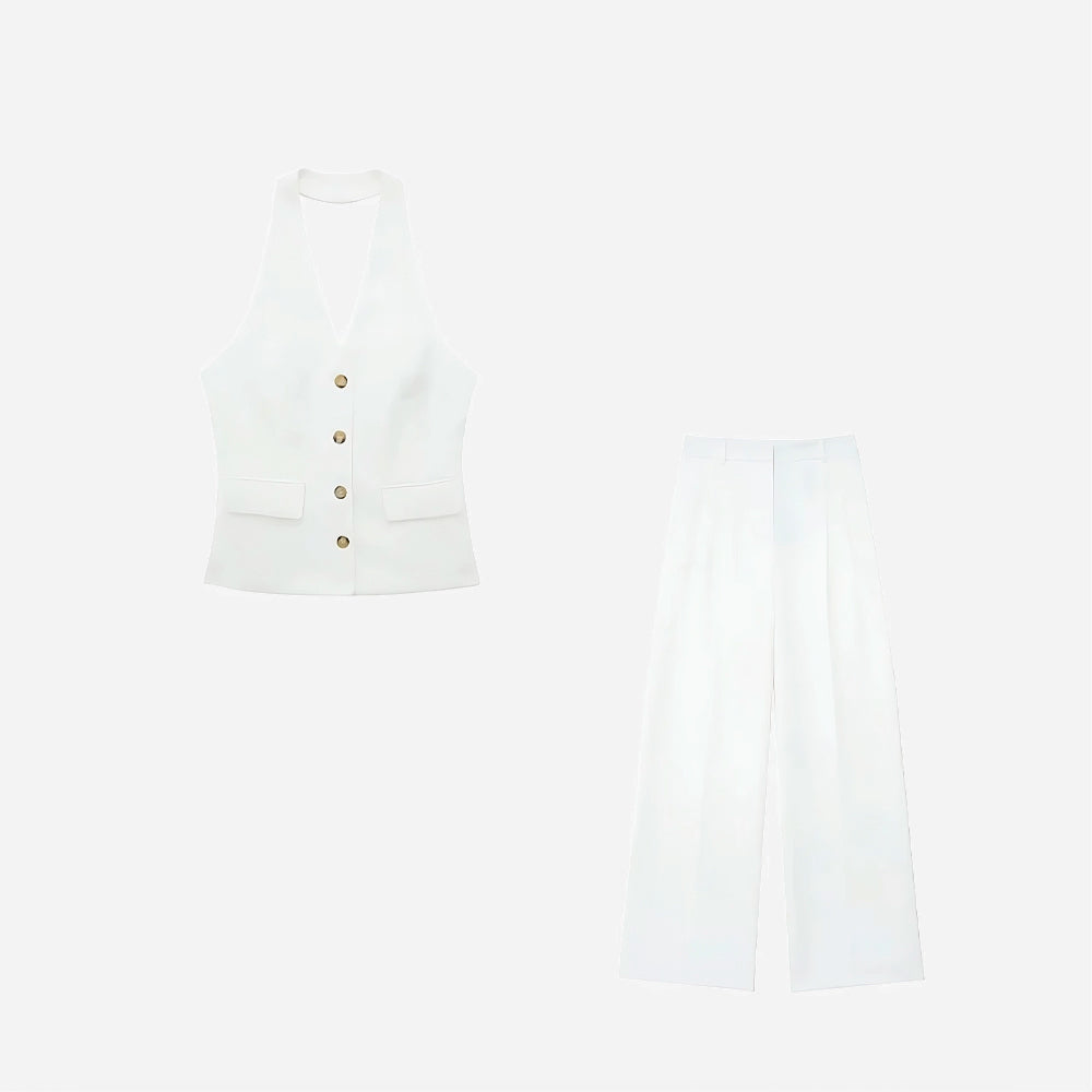 Conjunto Annelise com colete em "V" e calça reta. Alfaiataria elegante nas cores bege, preto e branco, do PP ao G.

