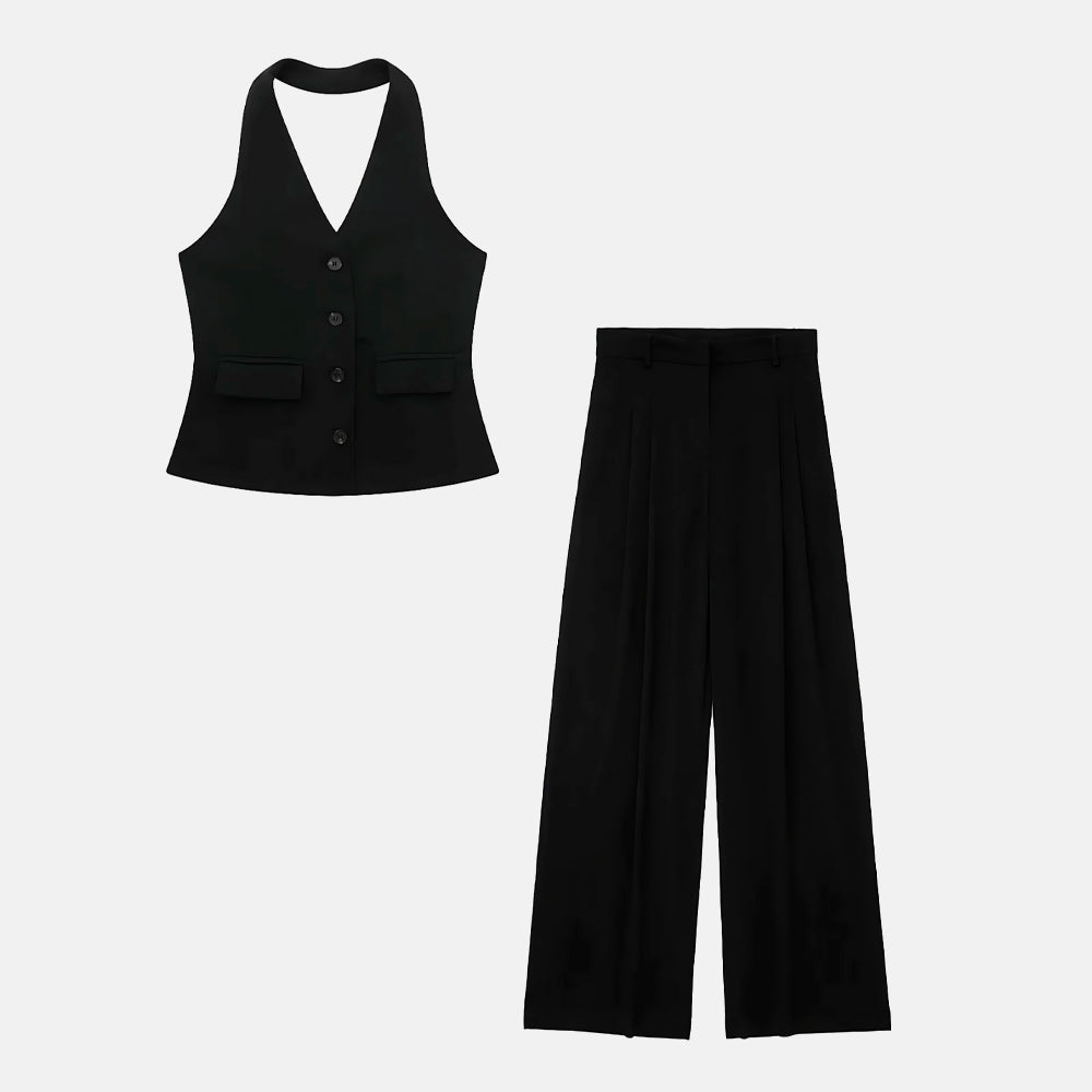 Conjunto Annelise com colete em "V" e calça reta. Alfaiataria elegante nas cores bege, preto e branco, do PP ao G.

