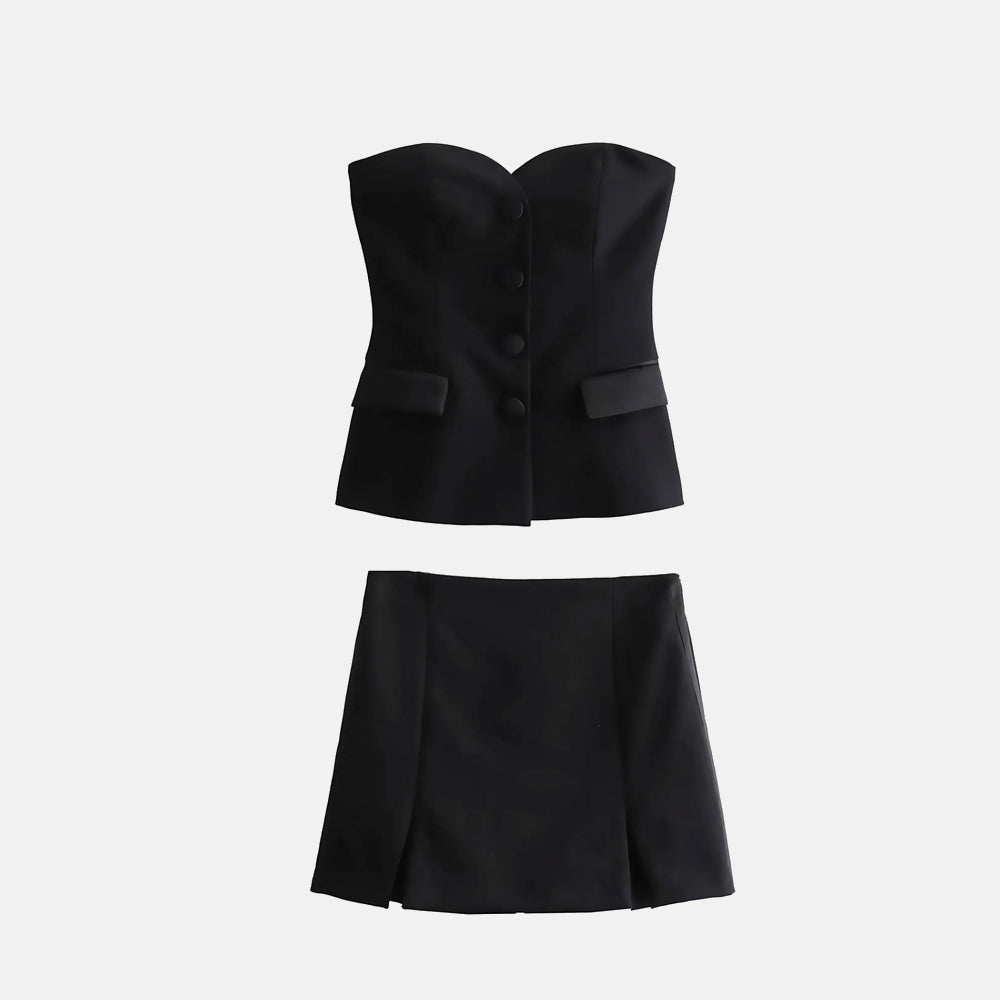 Conjunto Lya com colete tomara que caia e saia com fenda. Alfaiataria elegante nas cores branco e preto, do PP ao G.

