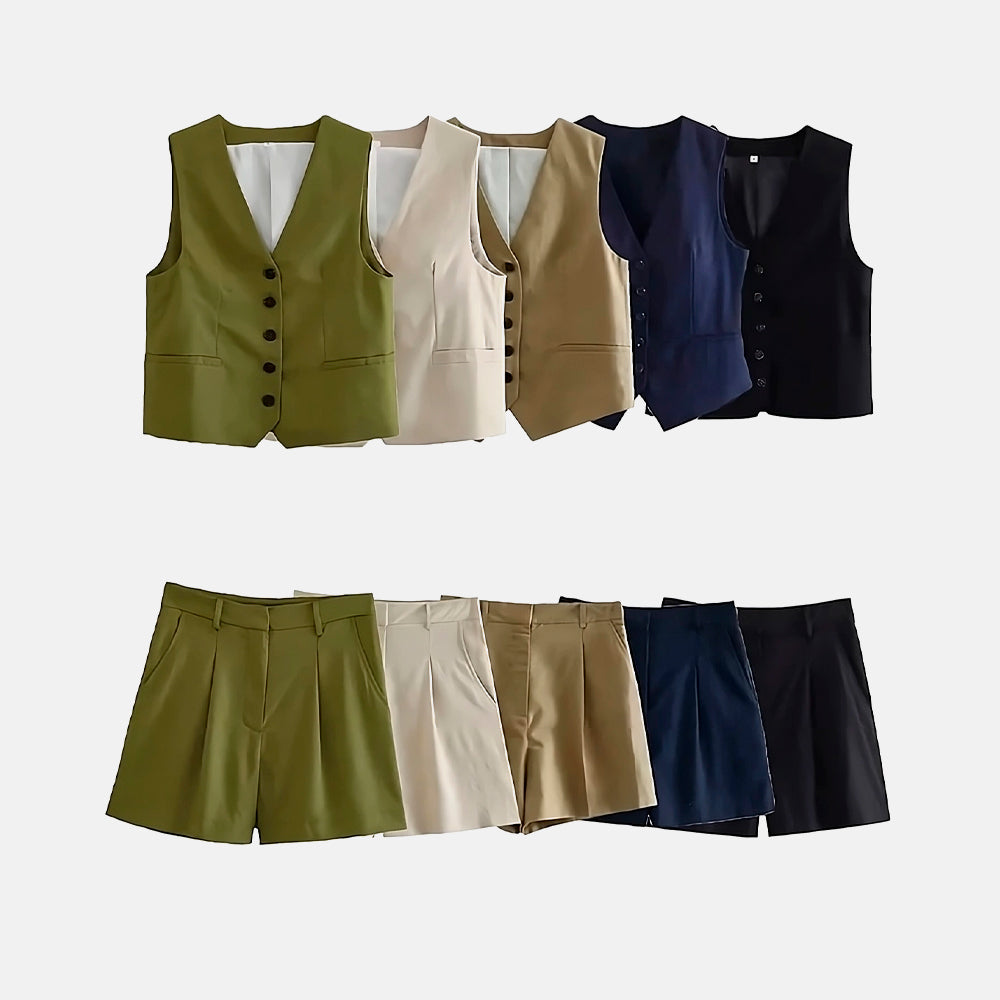 Conjunto Marianne com colete sem mangas e short alfaiataria. Sofisticação do PP ao G em branco, bege, preto, verde e azul marinho.

