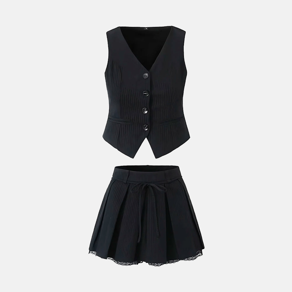 Conjunto Natalie com colete sem mangas e saia com laço. Alfaiataria preta elegante, do P ao G.

