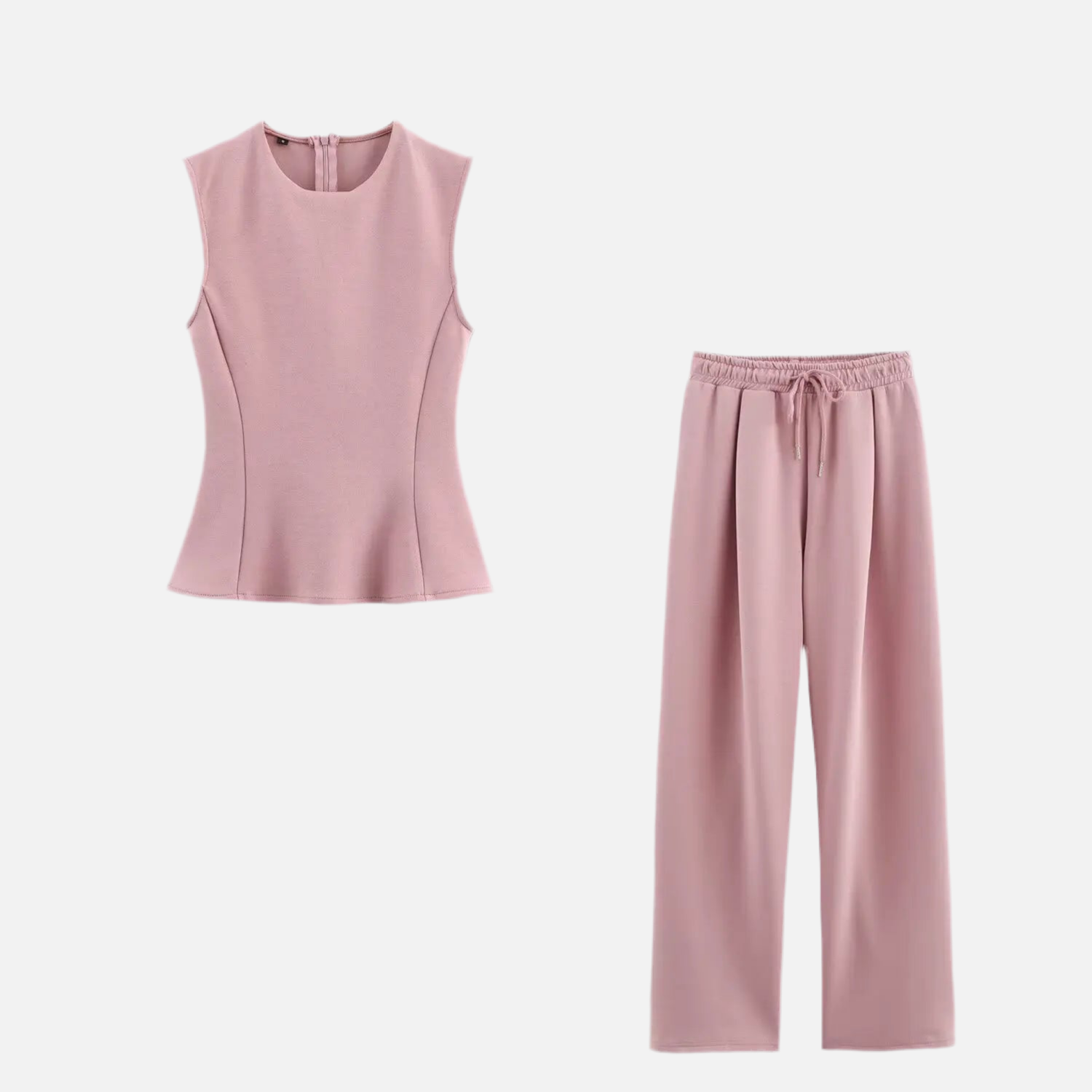 Conjunto Eleonor em moletom com blusa peplum e calça reta. Estilo casual com toque elegante, disponível em tons sofisticados.

