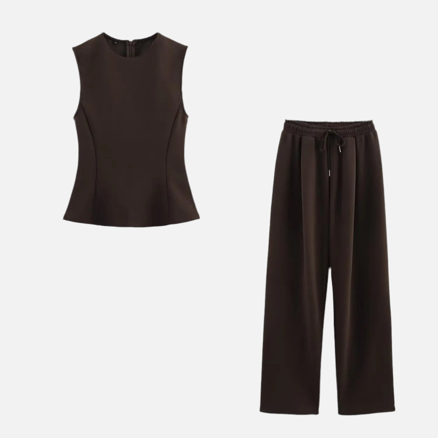 Conjunto Eleonor em moletom com blusa peplum e calça reta. Estilo casual com toque elegante, disponível em tons sofisticados.

