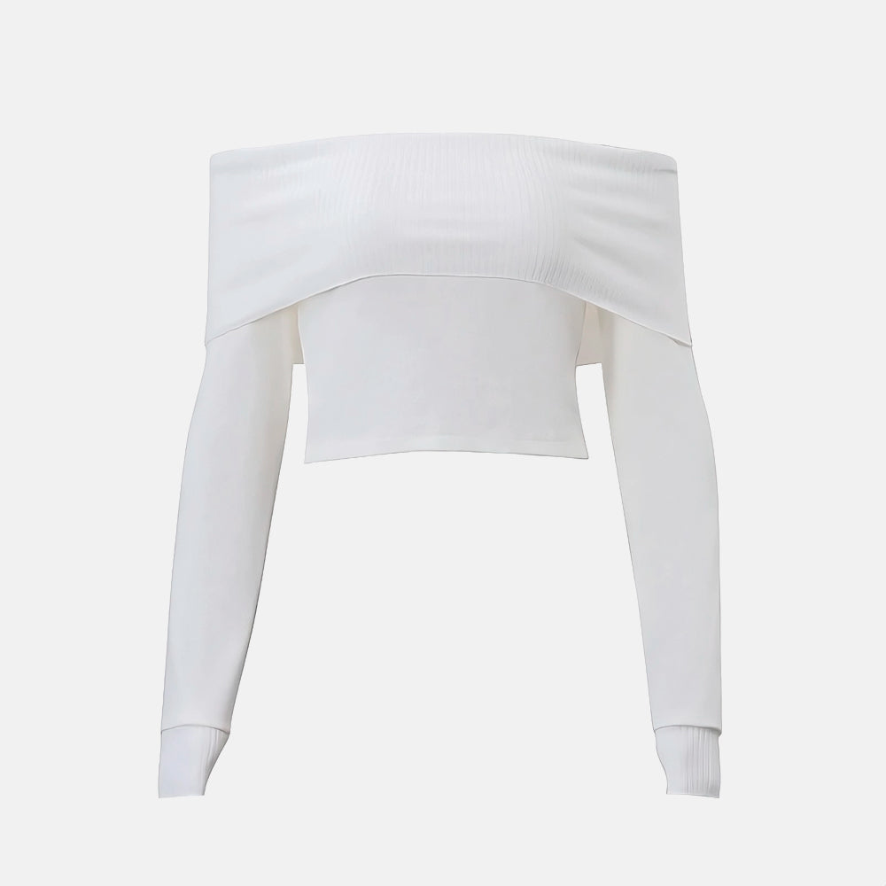 Cropped Vancouver com decote ombro a ombro e mangas compridas. Feminino e delicado, ideal para compor looks confortáveis e estilosos.

