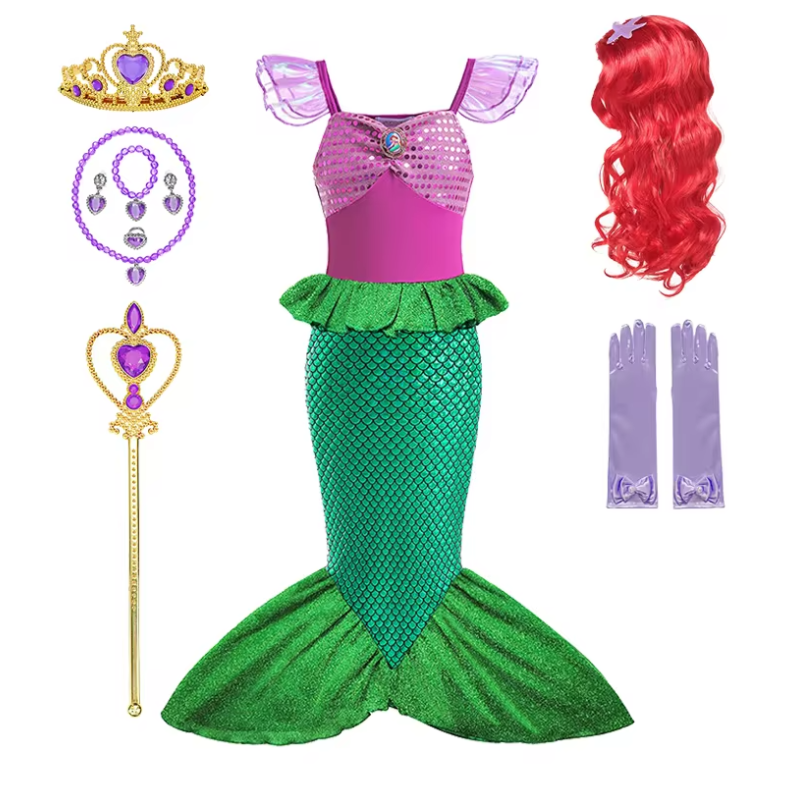 Fantasia Ariel Premium Infantil da Pequena Sereia com vestido e acessórios. Perfeita para festas temáticas, aniversários e momentos de imaginação.