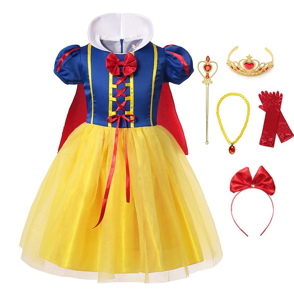Fantasia Branca de Neve infantil completa com vestido, coroa, luva, arco e varinha. Confortável e encantadora para festas e momentos mágicos.
