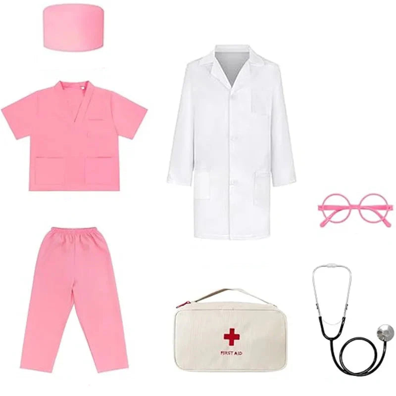 Fantasia de Médico Infantil com jaleco e acessórios, confortável e segura, ideal para festas, Halloween e brincadeiras criativas.
