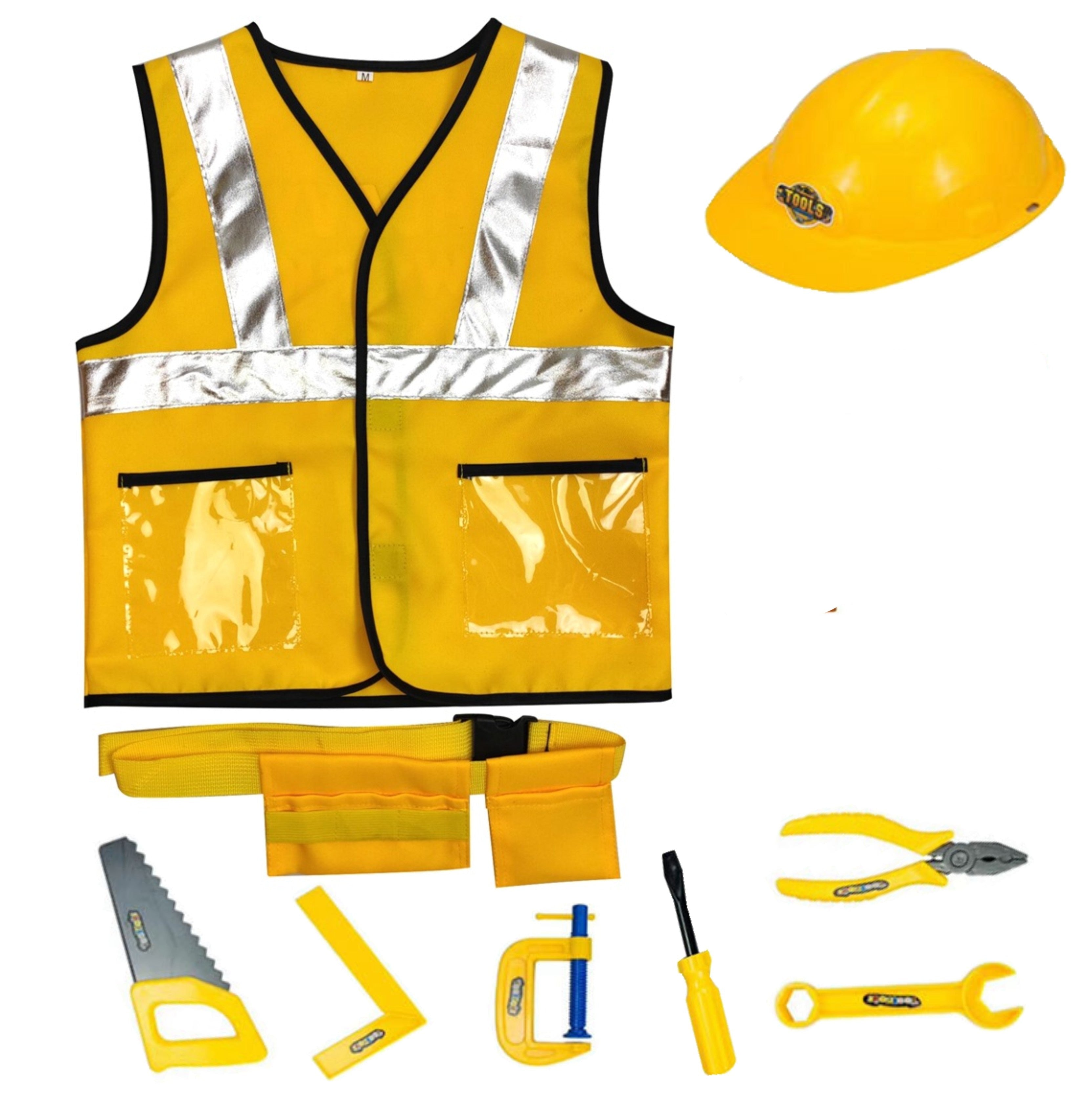 Fantasia Infantil Engenheiro Civil com colete, capacete e acessórios, confortável e segura, perfeita para festas, Halloween e brincadeiras temáticas.