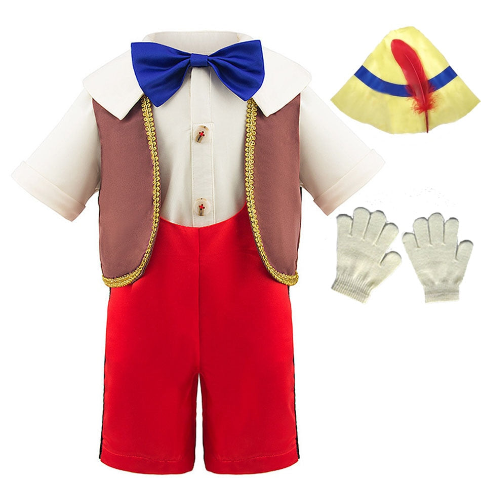 Fantasia Infantil de Pinóquio com traje clássico colorido, chapéu e acessórios, perfeita para festas, teatros e brincadeiras temáticas.