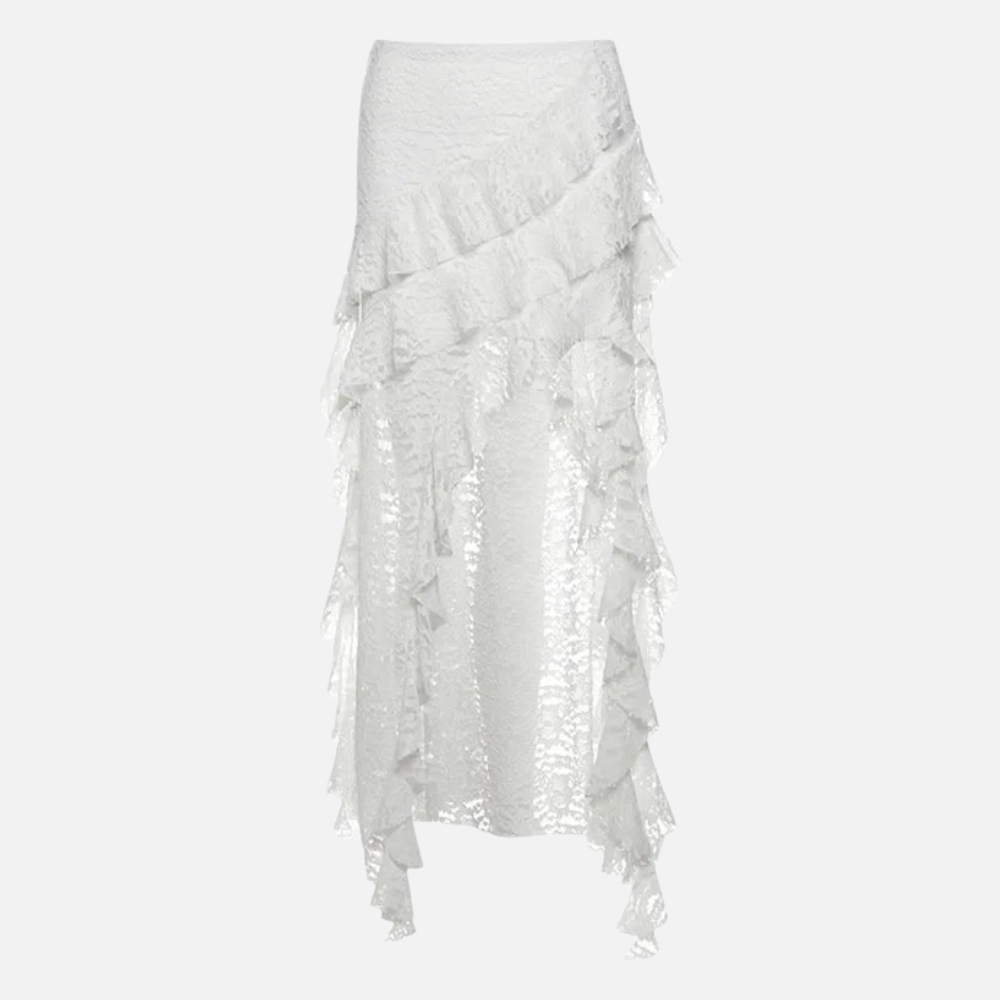 Saia Liza longa com corte assimétrico, babados leves e tecido fluido. Disponível em preto e branco, do P ao G.

