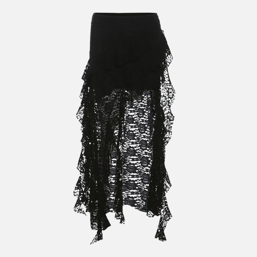 Saia Liza longa com corte assimétrico, babados leves e tecido fluido. Disponível em preto e branco, do P ao G.

