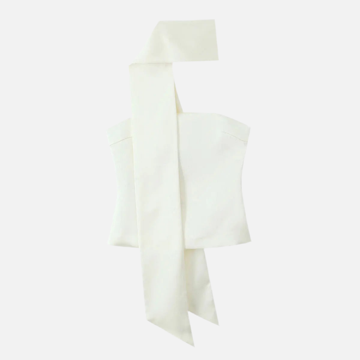 Top Berta tomara que caia com faixa no pescoço em cetim. Design estruturado e elegante. Disponível nas cores Preto e Off-White, tamanhos PP ao G.

