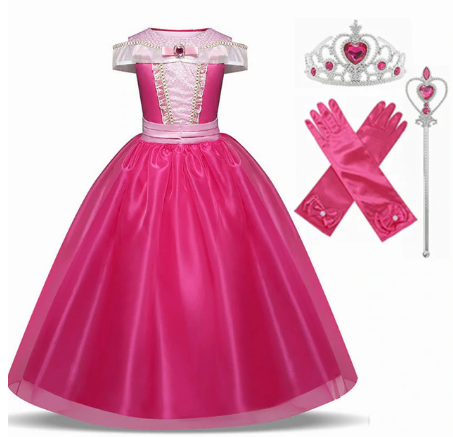 Vestido Fantasia Aurora Infantil com coroa, varinha e luvas. Confortável e encantador para festas, aniversários e brincadeiras de princesa.