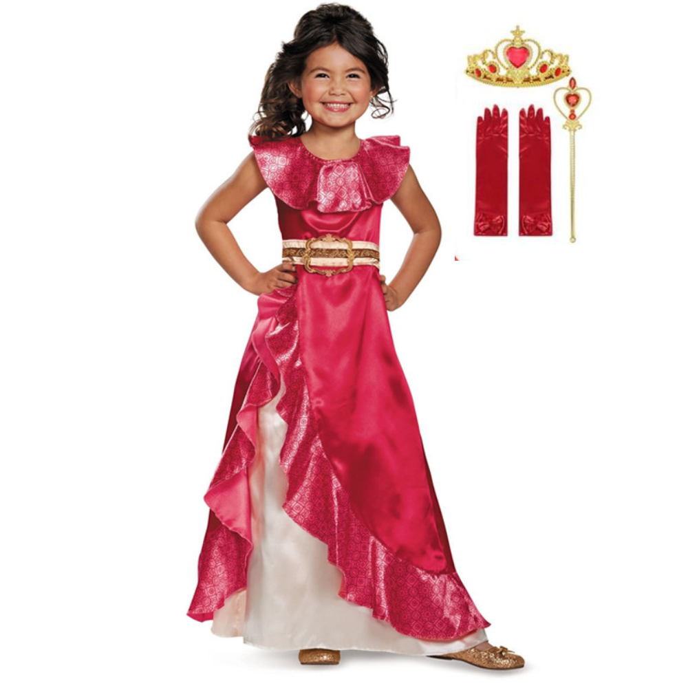 Vestido Fantasia Elena de Avalor Infantil com coroa, varinha e luvas. Confortável e encantador para festas, aniversários e brincadeiras de princesa.