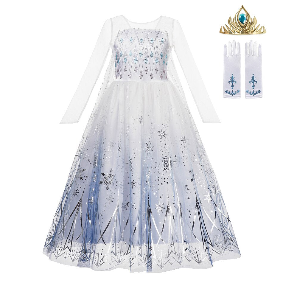 Vestido Frozen Rainha da Neve Infantil com coroa, luvas e varinha. Fantasia confortável e encantadora para festas, Halloween e brincadeiras temáticas.
