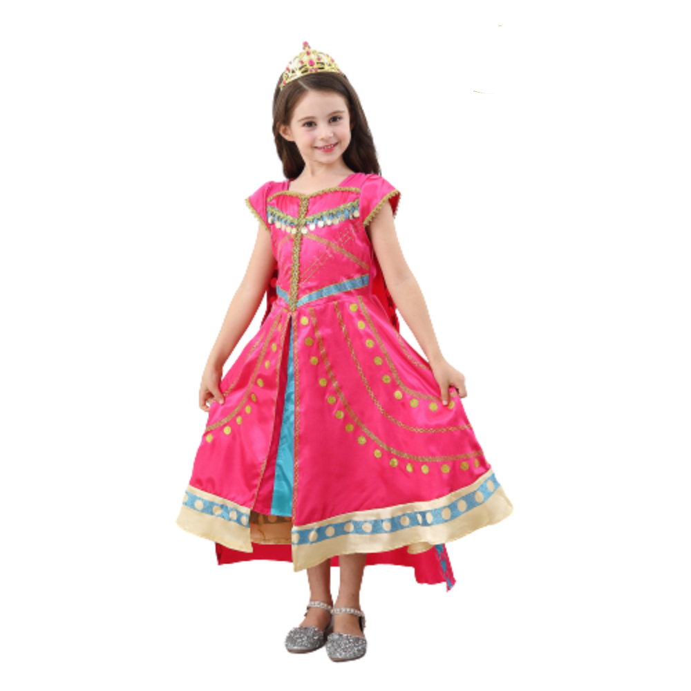 Vestido Fantasia Jasmine infantil inspirado em Aladdin, confortável e elegante, ideal para festas, aniversários e momentos de imaginação.