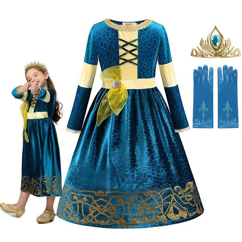 Fantasia Merida Infantil com vestido, coroa e luvas. Confortável e encantadora para festas, Halloween e momentos de imaginação.