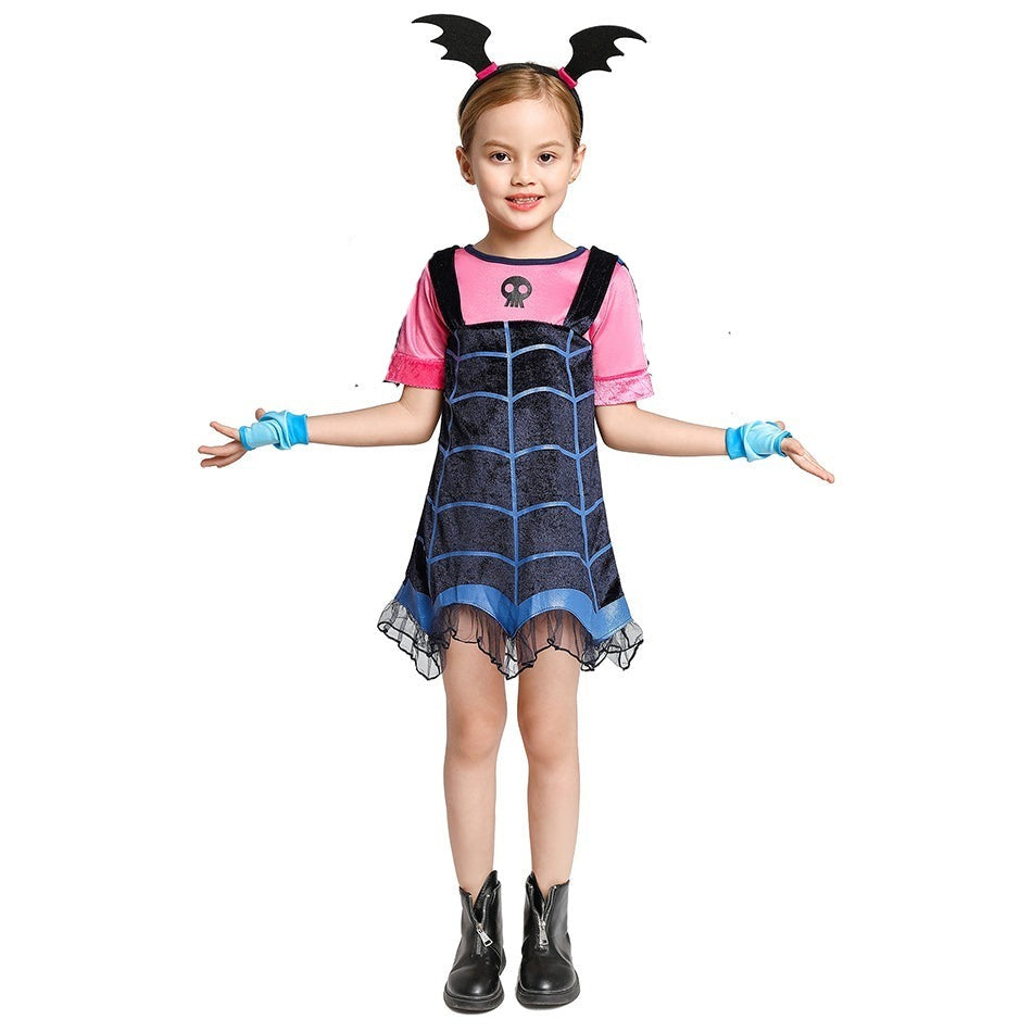 Vestido Fantasia Vampirina Infantil com tiara, feito em tecido confortável. Perfeito para festas, Halloween e momentos de imaginação.