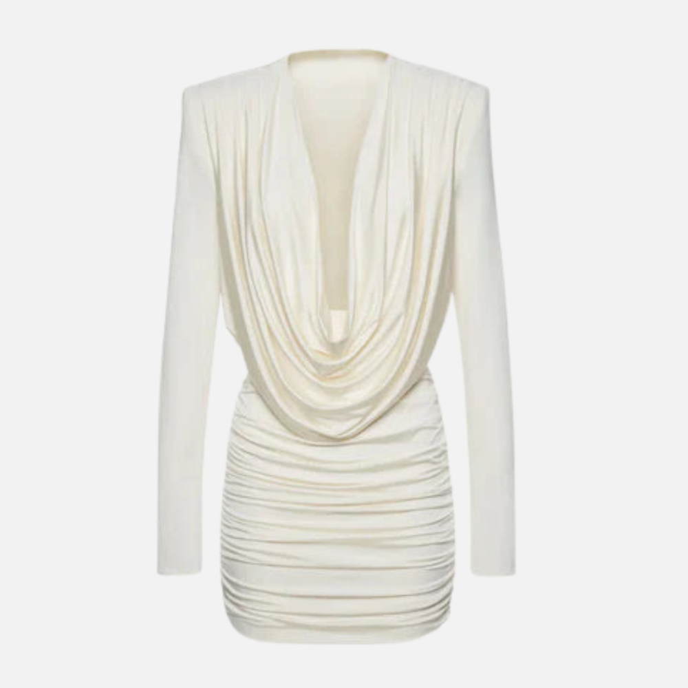 Vestido curto Thiessa com decote drapeado, mangas longas e caimento ajustado. Sofisticado, elegante e sensual. Disponível em bege e preto, P ao G.

