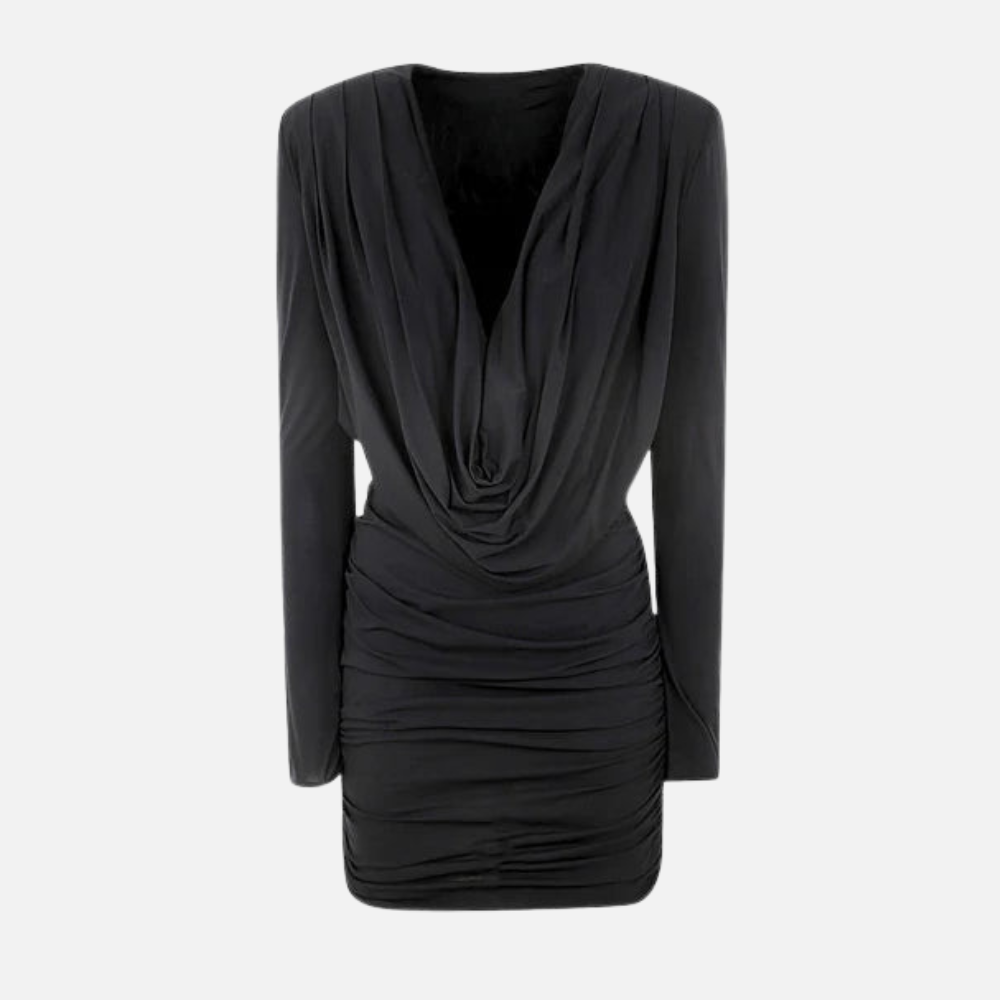 Vestido curto Thiessa com decote drapeado, mangas longas e caimento ajustado. Sofisticado, elegante e sensual. Disponível em bege e preto, P ao G.

