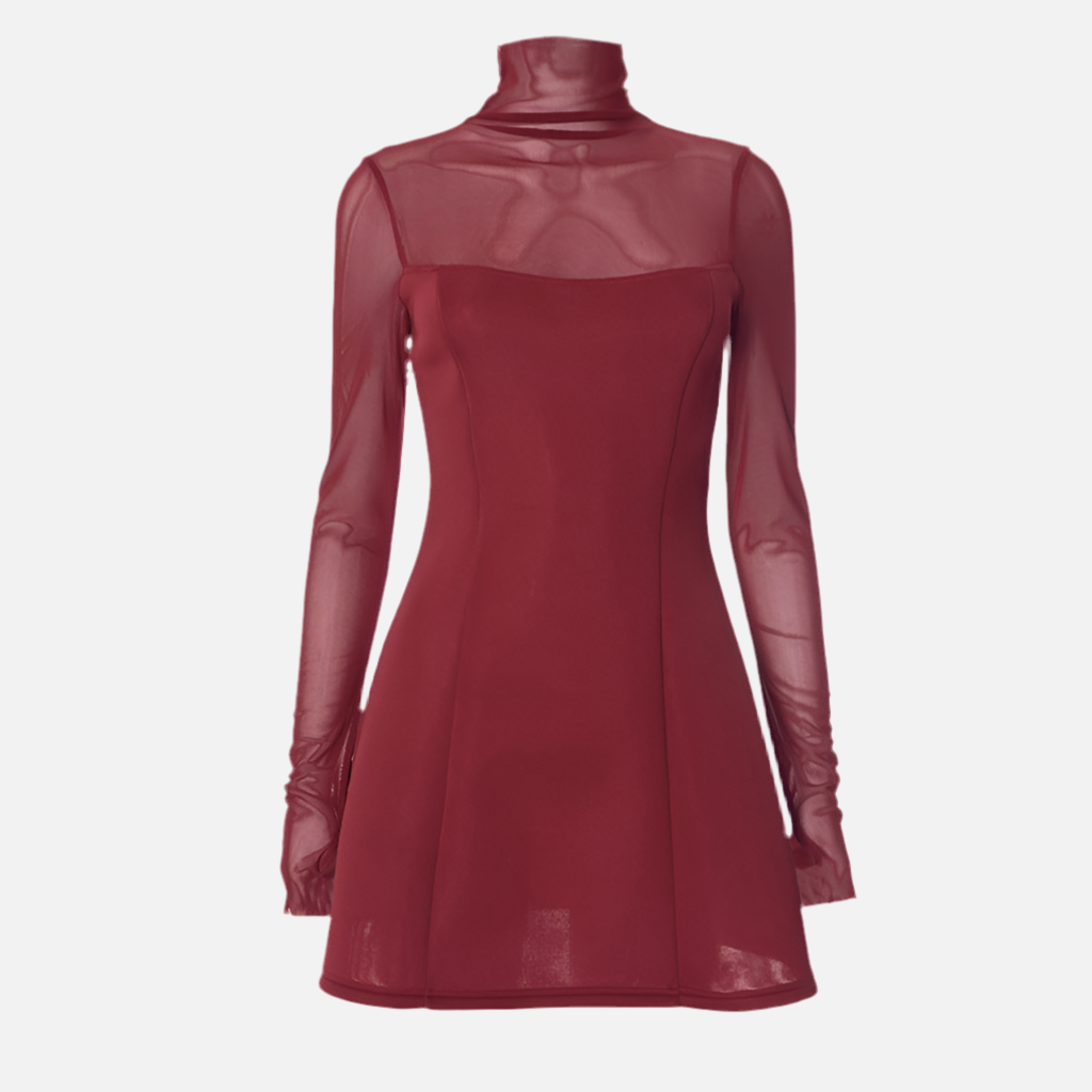 Vestido Everly vinho curto com gola alta e mangas em tule transparente, corpo justo e elegante. Tamanhos P ao G.